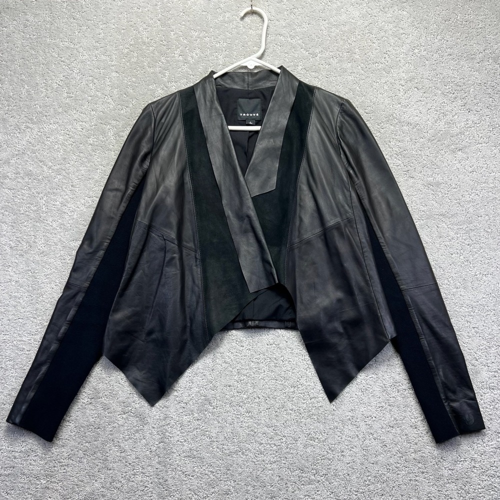 Trouve Jacket Womens Small Black Leather Suede Drape Open Front Ribbed Sleeves